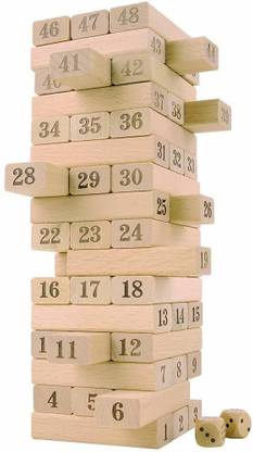 SOUVENIR 54 Pcs Blocks 4 Dices Wooden Numbered Building Bricks Stacking Classic Traditional Toppling Tumbling Tower Game Kid Gift - Challenging Maths for Adults and Kids