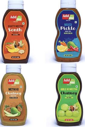 Add me 4 in 1 Chutneys. Meethi Sweet Chutney 240 G + Sweet Amla Chutney 240 G + Methi Chutney 210 G aam ka achar + Mixed Pickles Chutney 210 G Mix achar = 900 G Chutney Paste