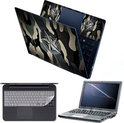 Anweshas 4 in 1 Combo Pack with Laptop Skin Sticker Decal, Palmrest Skin, Screen Protector, Key Guard for 15.6 Inch Laptop - Camouflage Star Combo Set Designed for Gaming