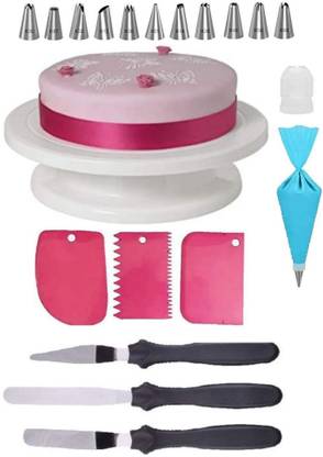 Jinal BAKEWARE COMBO set cake decoration tools Plastic Swivel Plate Revolving Cake Sugarcraft, 12 Steel Nozzles Coupler with Piece Frosting Icing Piping Bag, 3 Pcs Cake Decorating Fondant, 3 Pcs Cake Icing Spatula Knife, Combo of Baking Tools Set Multicolor Kitchen Tool Set (Multicolor) Kitchen Tool Set
