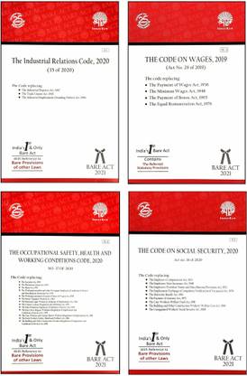 Set Of 4 Bare Act The Industrial Relations Code, 2020. The Coded On Wages, 2019. The Code On Social Security, 2020. The Occupational Safety, Health And Working Conditions Code, 2020. With Shorts Notes