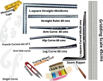 Upyukat Khyati Tailoring scales/ curves/ Fashion Designing Scale- Hard Plastic Scale- Set of 6- L-square straight (60cm), L- square curve (60cm), Hip curve (60cm), Leg curve (60cm), arm curve (60cm), straight ruler (60cm) Along with 1Gridding scale (45cm), 1Armhole curve, 1 Single curve, French curves-set of 3, Marking chalk box, 1 Measuring tape, 1 Tracing wheel, 1 Seam ripper and 1 Trimmer- Sewing Kit Sewing Kit