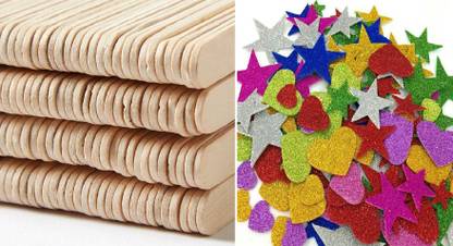 RJV Global Wooden Ice Cream Sticks Popsicle Sticks & Spoon : 400 Pcs (Multi-Colored) & Free 40 Pieces Mixed Shaped Glitter Foam Self Adhesive Stickers