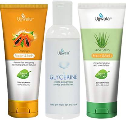 Ujjwala Natural and Pure Glycerine Fresh 120 GM and Papaya + Aloevera Face Wash 50 GM Each (Combo of 3)