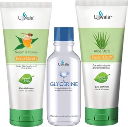 Ujjwala Natural and Pure Glycerine Fresh 60 GM And Neem & Honey + Aloevera Face Wash 50 GM Each(Combo of 3)