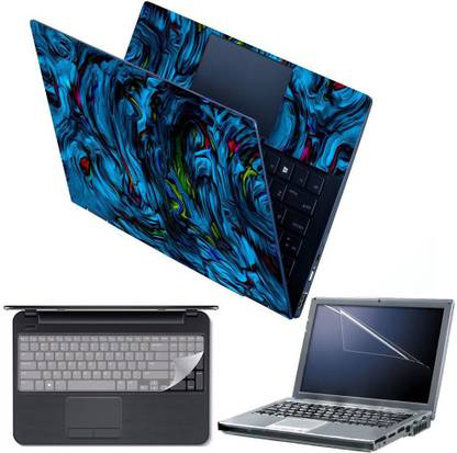 FineArts 4 in 1 Combo Pack with Laptop Skin Sticker Decal, Palmrest Skin, Screen Protector, Key Guard for 15.6 Inch Laptop - Abstract Blue Design Combo Set