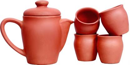 Sanskriti Pack of 2 Earthenware Organic re-usable Clay Tea Set (Tea Pot + 4 Kulhad) Eco-Friendly Clay Kettle Set