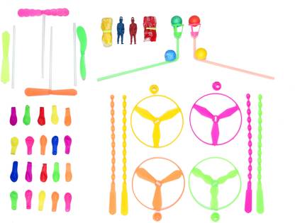 Vonder Zones Generic 90's Kids Memorable Outdoor Air Toys & Games 5 in 1 Economic Combo Pack (Dragon Flying Wheel Propeller Toy Set (04 No's), Vintage Style Flying Fan Propeller Toy Set (04 No's), Small Multicolour Balloons (20 No's), Floating Ball Catcher Toy (02 No's With Extra 2 No's Float Balls), Parachute Diver Man (02 No's)