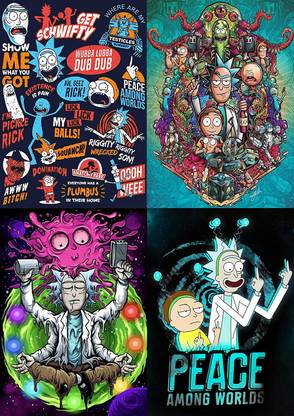 Rick and Morty Posters - Set of 4 Posters ( 300GSM Premium Matte Finish Art Paper, 13x19 inches, UNFRAMED, SELF ADHESIVE, Multicolor, 9) MADE IN INDIA Fine Art Print