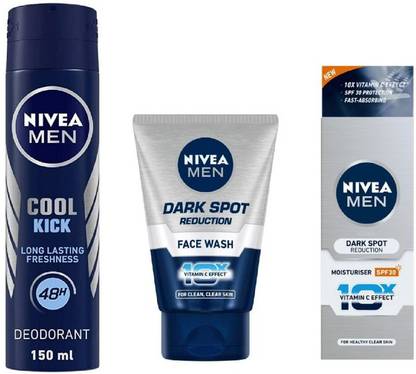 NIVEA Men Cool Kick Deo 150ML ,Dark Spot Reduction Face Wash 100 ML , Dark Spot Reduction Moisturiser 50 Ml #396