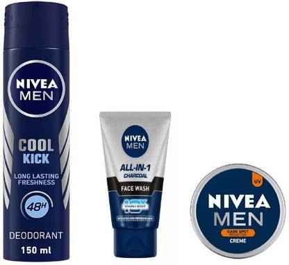 NIVEA Men Cool Kick Deo 150ML , All In One Charcoal Face Wash 50 Ml , Dark Spot Reduction Creme 30 Ml