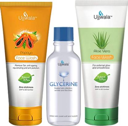 Ujjwala Natural and Pure Glycerine Fresh 60 GM and Papaya + Aloevera Face Wash 50 GM Each (Combo of 3)