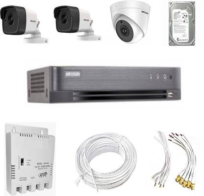 HIKVISION 5 MP camera setup with 3 Camera, DVR, Power Supply, Hard Disk, Connectors and Wire Security Camera Security Camera