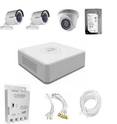 HIKVISION Hikvision 2 MP camera setup with 3 Camera, DVR, Power Supply, Hard Disk and Connectors Security Camera