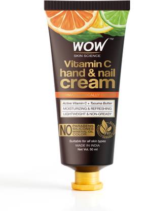 WOW SKIN SCIENCE Vitamin C Hand & Nail Cream - Moisturizing & Refreshing - Lightweight & Non-Greasy - Quick Absorb - for All Skin Types - No Parabens, Silicones, Mineral Oil & Color - 50mL