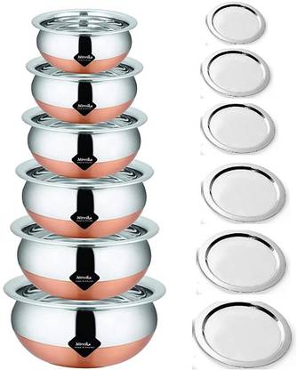 Nirvika Cookware set combo steel handi set Copper Bottom Handi Pot 6 Piece Setwith lid /Steel Handi Set 6 Piece Set/Cookware Chetty Combo Serving Handi Cookware Multi Purpose Handi Cookware Set with lid/dhakkan/cibba(Stainless Steel, 6 - Piece) piece Cookware/ Container/pot pan/patila/bhagona/Serving bowl/biryani cook & serve Set Non-Stick Coated Cookware Set