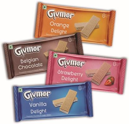Givmor Wafer Biscuits Combo Of Belgian Chocolate, Vanilla, Orange and Strawberry, 300g (Pack of 4) Wafers