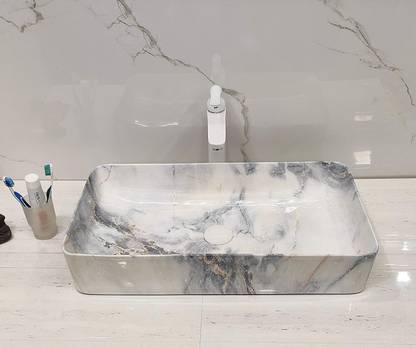 BASSINO Art Wash Basin Countertop, Tabletop Ceramic Bathroom Sink/Basin (600x350x110mm) (White blue marble) Table Top Basin