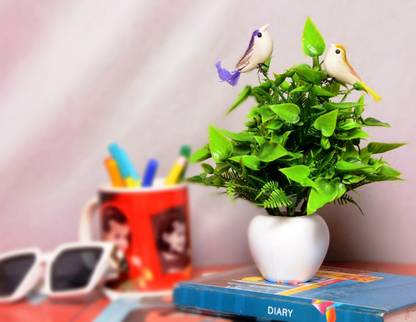 NERAPI Faux Green Leaf Wild Flower With Birds for Home/Office Decoration, Green Wild Flower Artificial Flower  with Pot