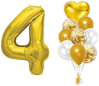 Balloonistics Solid 4th Gold Number foil Birthday Decorations and Confetti Latex Balloon Bouquet