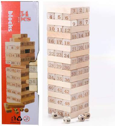 FOBHIYA Tumbling Tower 54 Pieces Braingym Blocks Stacking Game with 4 Wooden dice Play for Kids, Adults, Friends and Family.