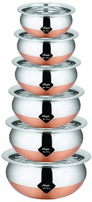 Redific 6Pc Pcs Pieces Handi set 6 Pc Handi set without Lid Copper Bottom Handi Set without Lid/Dhakkan, Bowl Set without Lid Cookware set without lid Serve and Cook Set Stainless Steel Handi Set Non-Stick Coated Cookware Set