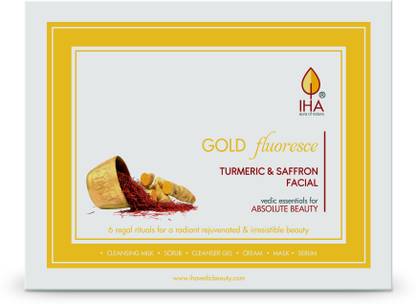 IHA Gold Fluoresce Big Facial Kit - Herbal Facial Kit with Turmeric and Saffron, Radiant and Glowing Skin, Face Cleanup Kit for Normal to Dry Skin (Combo of 6)