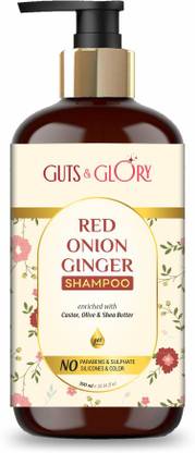 GUTS & GLORY Red Onion Ginger Shampoo 300 ML | No Parabens, Sulphate, Silicones and Color | Enriched with Castro, Olive and Shea Butter | For all hair type