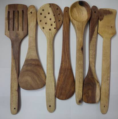 shivi store PREMIUM QUALITY NON-STICK WOODEN SERVING & COOKING KITCHEN SPOONS SET OF 7 Kitchen Tool Set