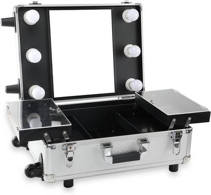 Vaara Makeup studio light case with 6 bulbs, Professional makeup light case with wheel and trolley. Makeup artist’s cosmetics train case, wheeled trolley makeup case with lights ( Silver ) Makeup and Beauty Accessories Vanity Box