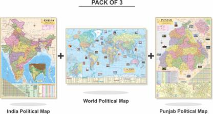 (Pack of 3 Map) INDIA MAP , WORLD MAP AND PUNJAB MAP. All Map Size : 100x70 cm (40"x28" inch). With Important Fact and Figure. Ideal Map For Aspirant of UPSC , PCS , SSC , RAILWAY Exam and Other Competitive Exam. Updated Map Paper Print