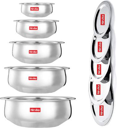 Nirvika cookware set stainless steel handi set with lid/dhakkan/cibba Venna Chetty/Bowl Pot pan 5 Piece Set with lid 550ml, 750ml, 1100ml, 1500ml and 1900ml) (without Copper) 5 - Piece)serving biryani/container set/tapeli/pateli/patila/bhagona new kitchenware best cooking & gifting item Induction Bottom Non-Stick Coated Cookware Set