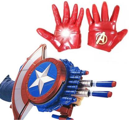 HALO NATION Superhero Weapons Set - Light Music IR0NMAN Gloves & Captain Shield Blaster Toy Set - 2in1 Superhero Shield with Gun Blaster - Shoots Soft Foam Dart Bullets Powerful Long Range Shooting - One Touch Shield Transform to Toy Gun Blaster