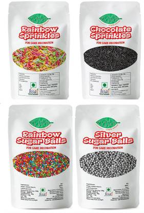Maayaa - Simply Natural Chocolate & Rainbow Sprinkles And Silver & Rainbow Balls Cake Decoration Combo 100g each Sprinkles