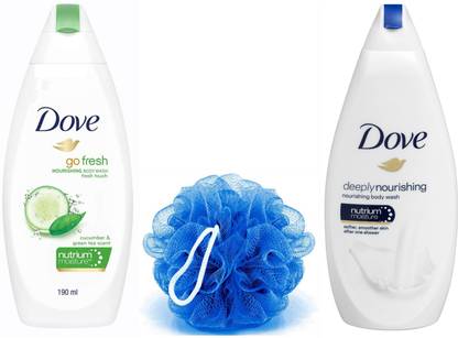 DOVE Go Fresh & Deeply Nourishing Body Wash Nutrium Moisture 2X190ml + Western Avenue Loofah