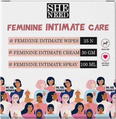 SheNeed Feminine Intimate Care Kit|3 in 1 Kit |25 Biodegradable Intimate Wipes|100ml Intimate Spray for coolness & hygiene| 30gm Intimate Cream, rash free & Hydration