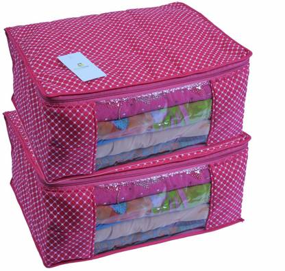 HomeStrap Home Storage Cotton Quilted Large Saree Cover HSHSHSSARCOVQULMULTIPINK2PC