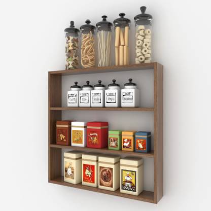 Furnifry Containers Kitchen Rack Wood Wooden Kitchen Wall Shelf for Storage Boxes, Kitchen Shelf Racks, Kitchen Organizer, Kitchen Wall Mounted Rack, Shelf for Kitchen Storage MDF (Medium Density Fiber) Wall Shelf MDF (Medium Density Fiber) Wall Shelf (Walnut)