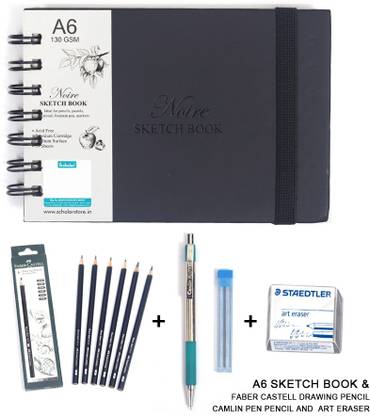 Scholar A6 NOIRE SKETCHBOOK WITH DRAWING PENCIL, MECHANICAL PENCIL, ART ERASER