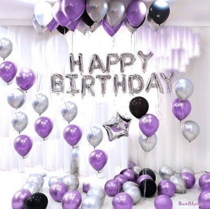 Bash N Splash Solid Purple Black Silver Happy Birthday Party Decoration Pack (Pack of 43) Letter Balloon