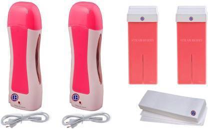 Three Elements Depilatory Wax Heater ( 2pcs ) + Roll-on Hot Depilatory Wax Pink Cartridge ( 2pcs ) +Waxing Strips (10pcs ) Wax (200 g) Wax