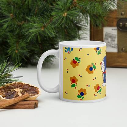 MUGKIN Doraemi & Doraemon Printed with Yellow Pattern Color Ceramic Coffee Mug