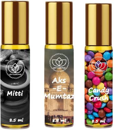 ASHTAAROMAS Mitti, Aks E Mumtaz and Candy Crush Set of 3 Roll On (8.5 ML Each) Perfume  -  25.5 ml
