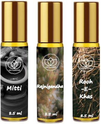 ASHTAAROMAS Set of 3 Mitti, Rajnigandha and Rooh E Khas Roll On (8.5 ML Each) Perfume  -  25.5 ml