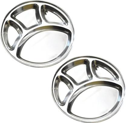 ओमकार एंटरप्राइज़ेज़ Stainless Steel Round Plate - 4 Partition Divided, Lunch/Dinner/Bhojan/Thali Plates - 2 Unit सेक्शन्ड प्लेट