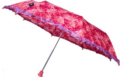 Mohendra Dutt & Sons 3 Fold RED rose printed umbrella with frills and rose tips 21.5" x 8 tips Umbrella