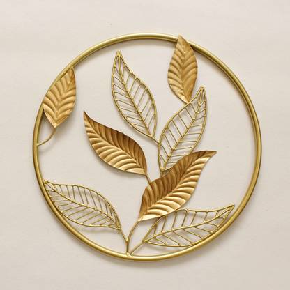आर्टेक्ट Wall Art Metal Ring with Leaf high Gloss Gold on Metal 38cm Round