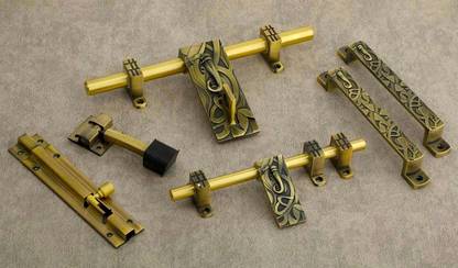 TREDWERE Door Accessories Kit (No.1 Premium Quality) / Handle Door Kit Door Fittings Kit (1 Aldrop, 1 Latch, 2 Handles, 1 Tower Bolt And 1 Door Stopper) Brass Door Handle
