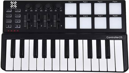 Xtreme Acoustics XA-MIDI25 25 keys USB MIDI controller, portable keyboard with semi volocity keys and 8 backlit trigger pads for music production. XA-MIDI25 Analog Portable Keyboard
