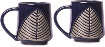 GSQUARE blue patta coffee mugss (320 ML) Set of 2 Ceramic Coffee Mug